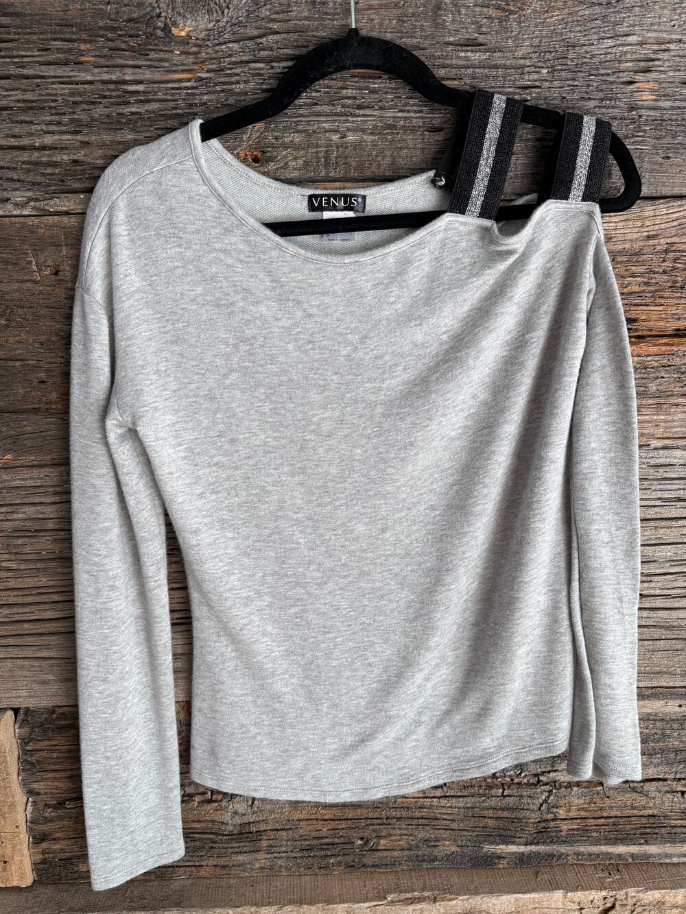 VENUS Womens Long Sleeve Gray One Shoulder, Sweater/Top with Black/silver straps